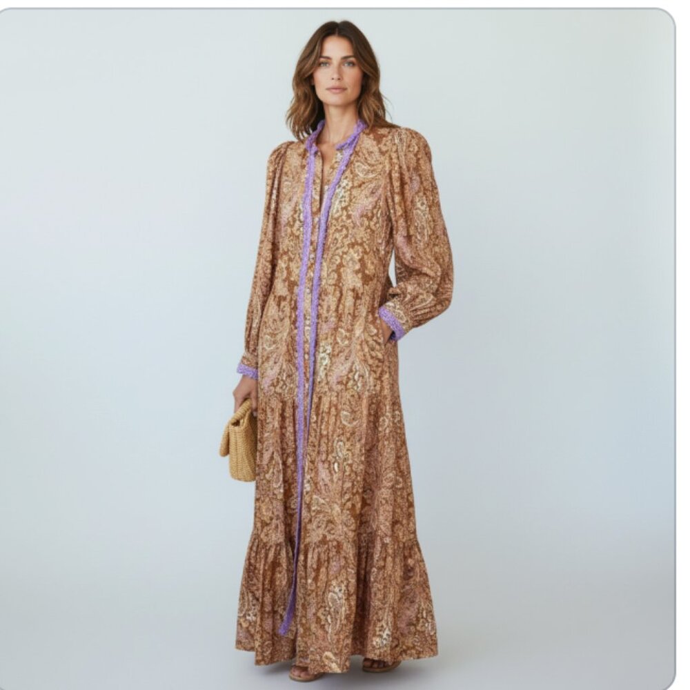 Stella Pardo Paris Boho Paisley Maxi Dress Crochet Trim Size Small